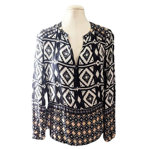 HALE BOB Tribal Print Henley Silk Blouse Small - Picture 1 of 5